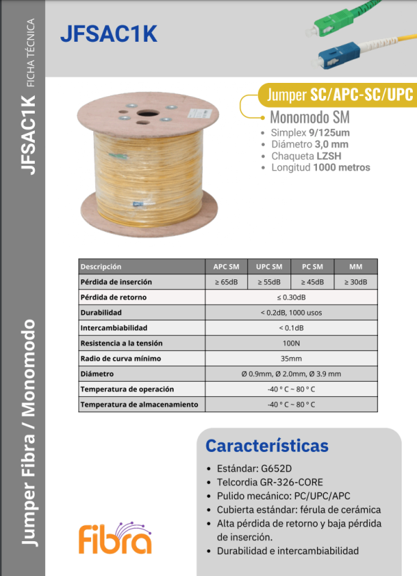 1km 1-Fibra SC/APC-SC/UPC MonoModo SM Jumper 1000mt 3mm inc-carrete - Imagen 3