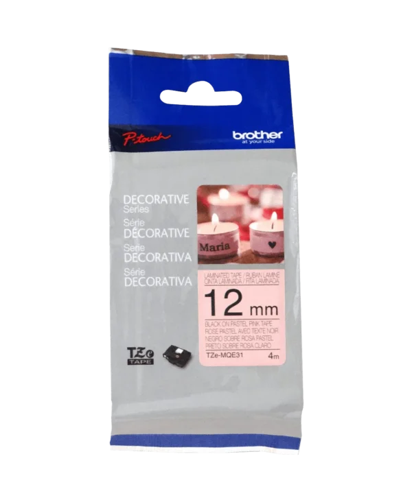 BROTHER 12mm Negro en Fondo Rosa Pastel Cinta 4mt p/PT-H110/E110/H200