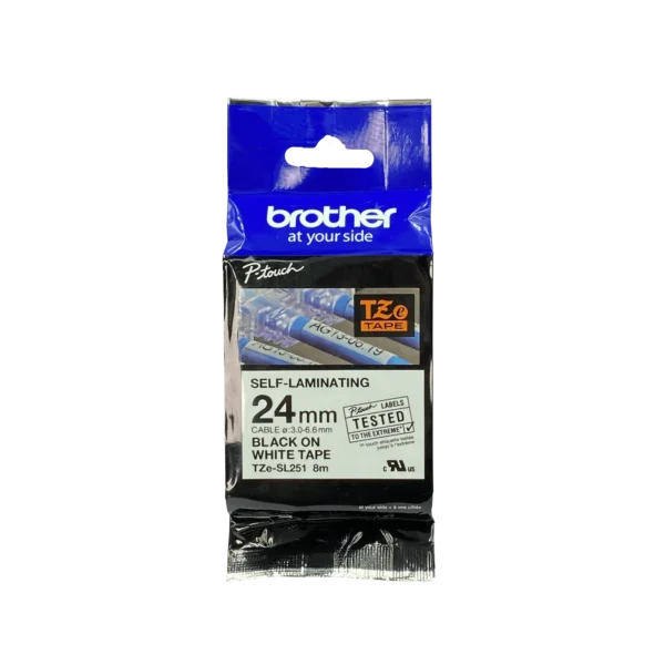 BROTHER 24mm Cinta Auto Laminada Negro en Fondo Blanco Cinta 8mt