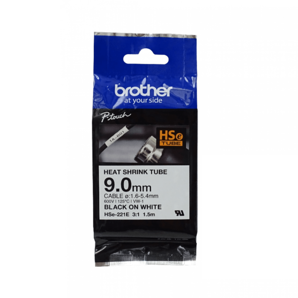 BROTHER 9mm Termoretractil 1,6-5,4mm Negro en Blanco Tubo 1,5mt