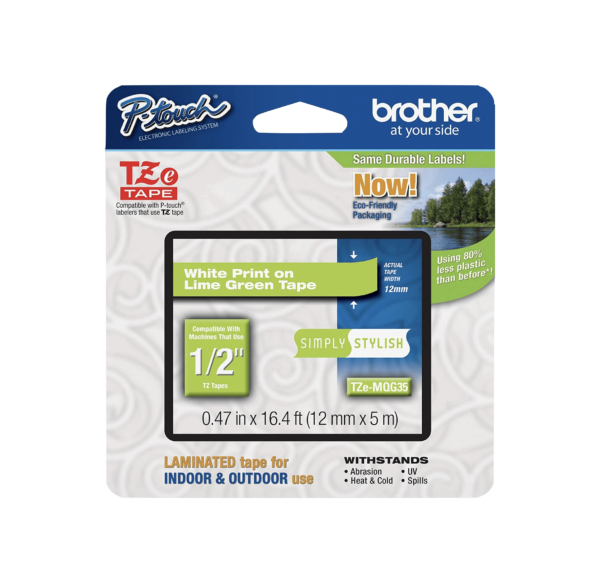 BROTHER 12mm Blanco en Fondo Verde-Lima Cinta 5mt p/PT-H110/E300/H200