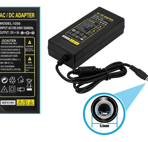 Plug-5,5x2,5mm 12V 5A 60W Switching Plastica interior Fuente de Poder