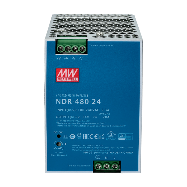 MEANWELL 24VDC 480W 20A ajust/24-28V Ancho-86mm Riel-DIN Fuente Poder - Imagen 2