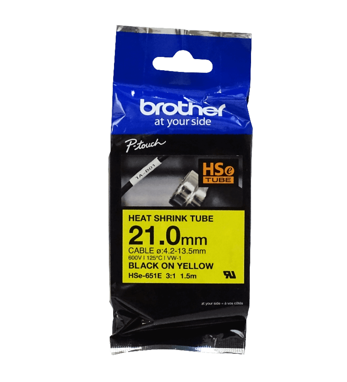 BROTHER 21mm Am Termoretractil 4,2-13,5mm Negro en Amarillo Tubo 1,5mt