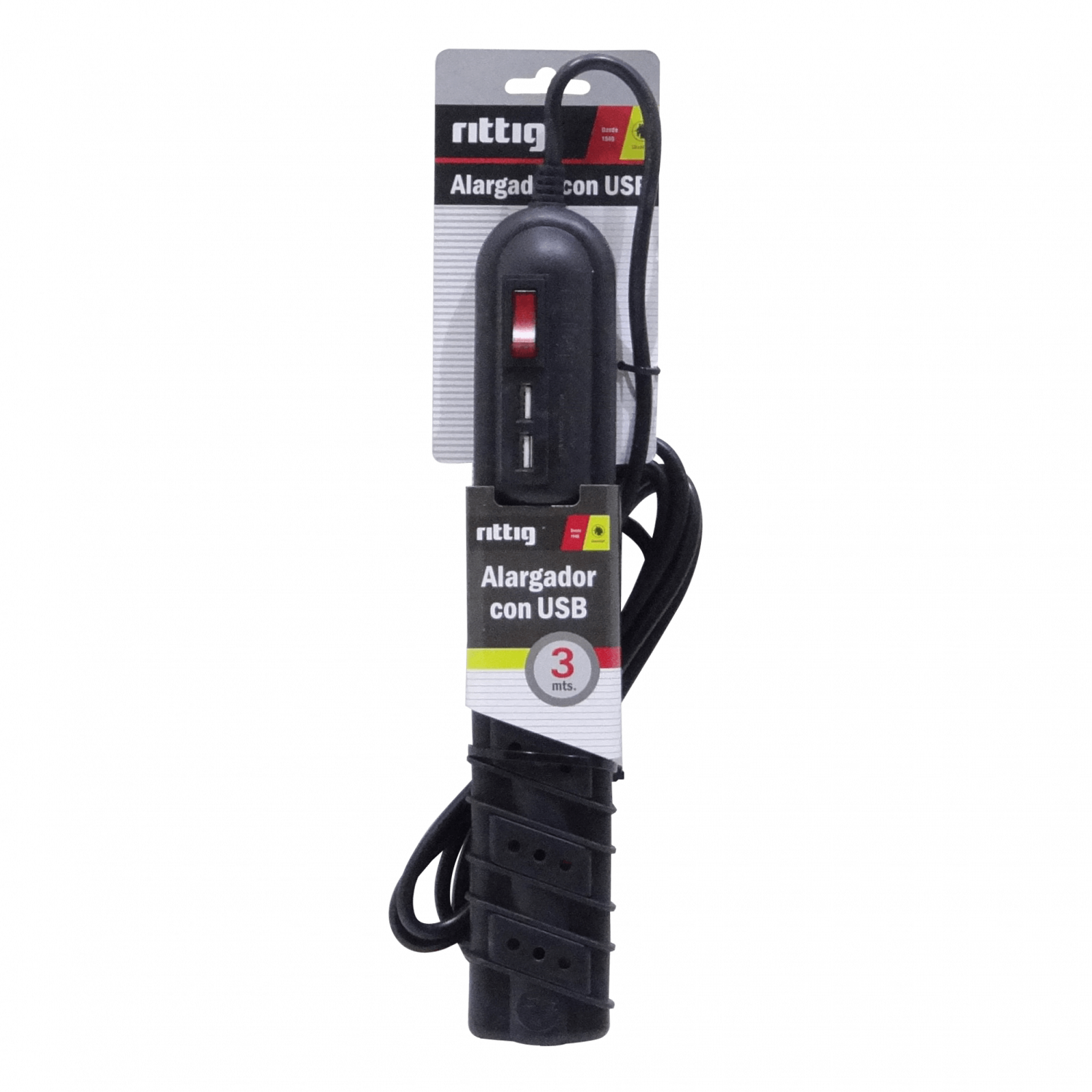 RITTIG Negro 5-IH 2-USB5V Alarg 3mts 10A-250V 2200W Piloto-Interruptor - Imagen 2
