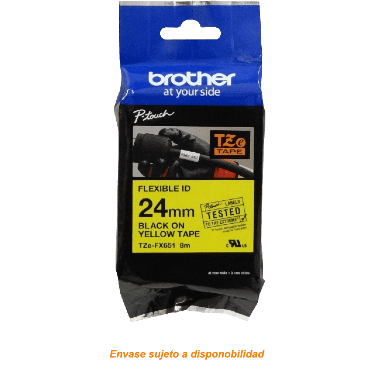BROTHER Flex 24mm Negro en Fondo Amarillo Cinta 8mt p/PT-E550WVP/D600V - Imagen 3