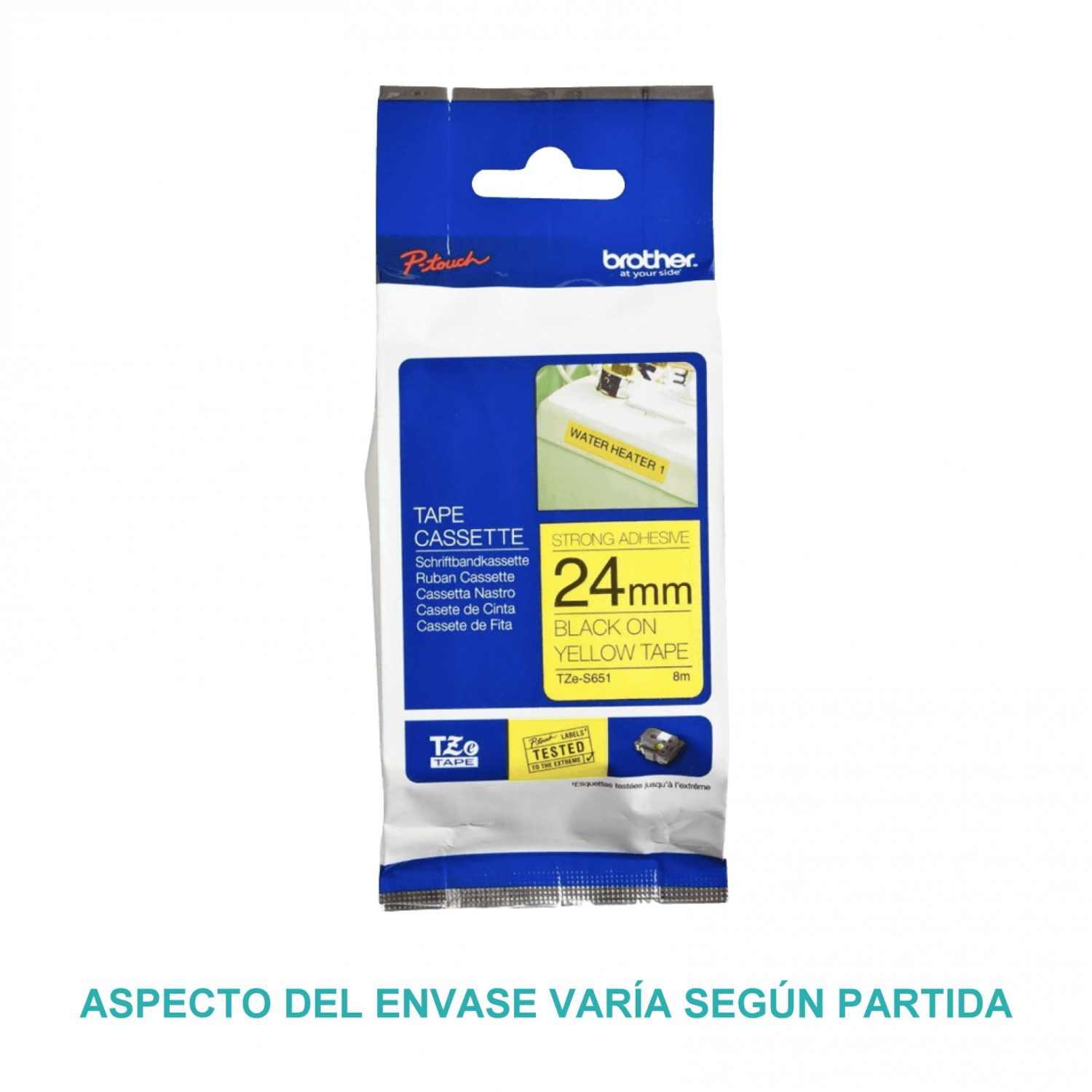 BROTHER E-P 24mm Negro en Fondo Amarillo Cinta 8mt p/PT-E550WVP/D600VP - Imagen 2