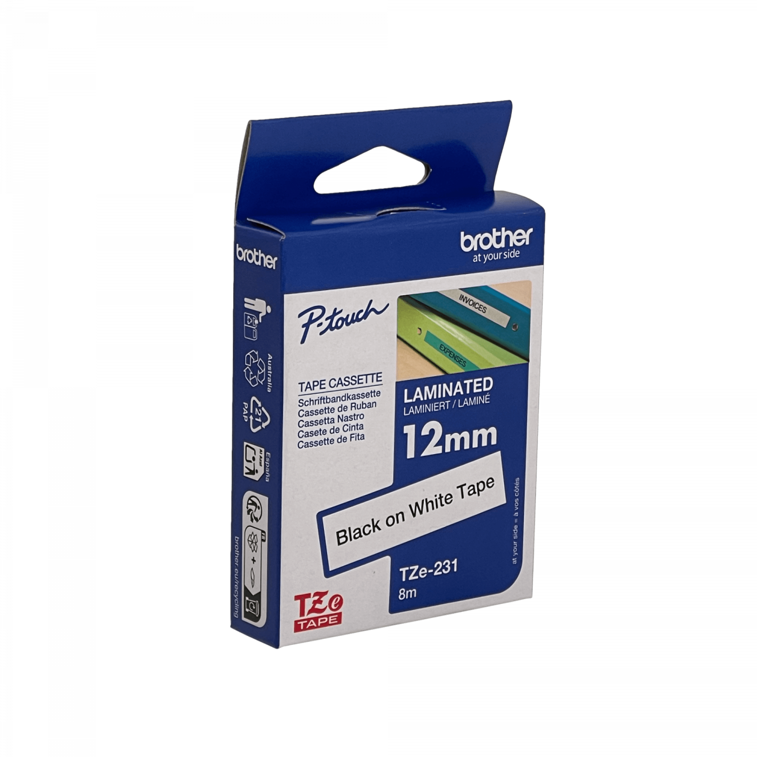 BROTHER 12mm Negro en Fondo Blanco Cinta 8mt p/PT-H110/E300/E550