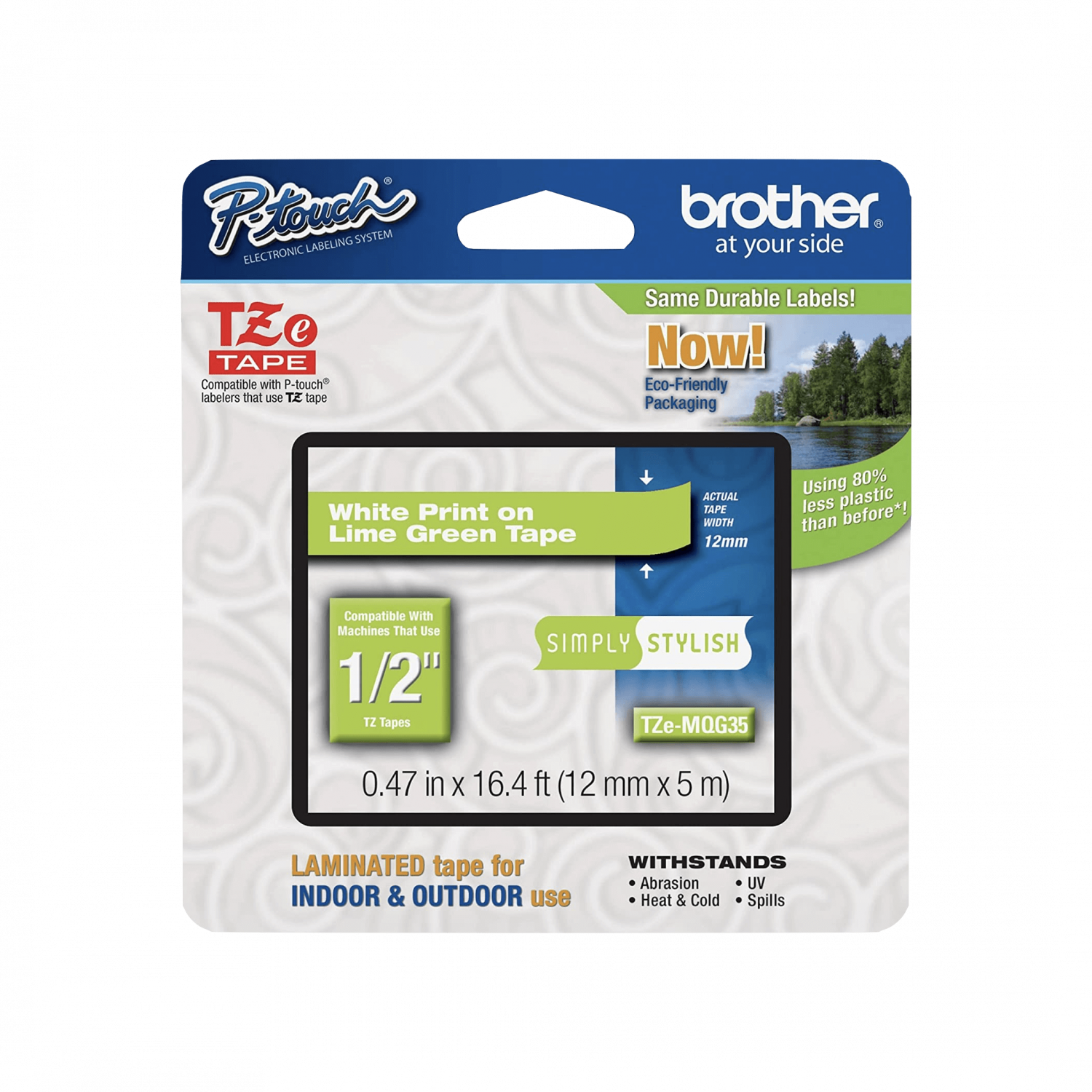 BROTHER 12mm Blanco en Fondo Verde-Lima Cinta 5mt p/PT-H110/E300/H200