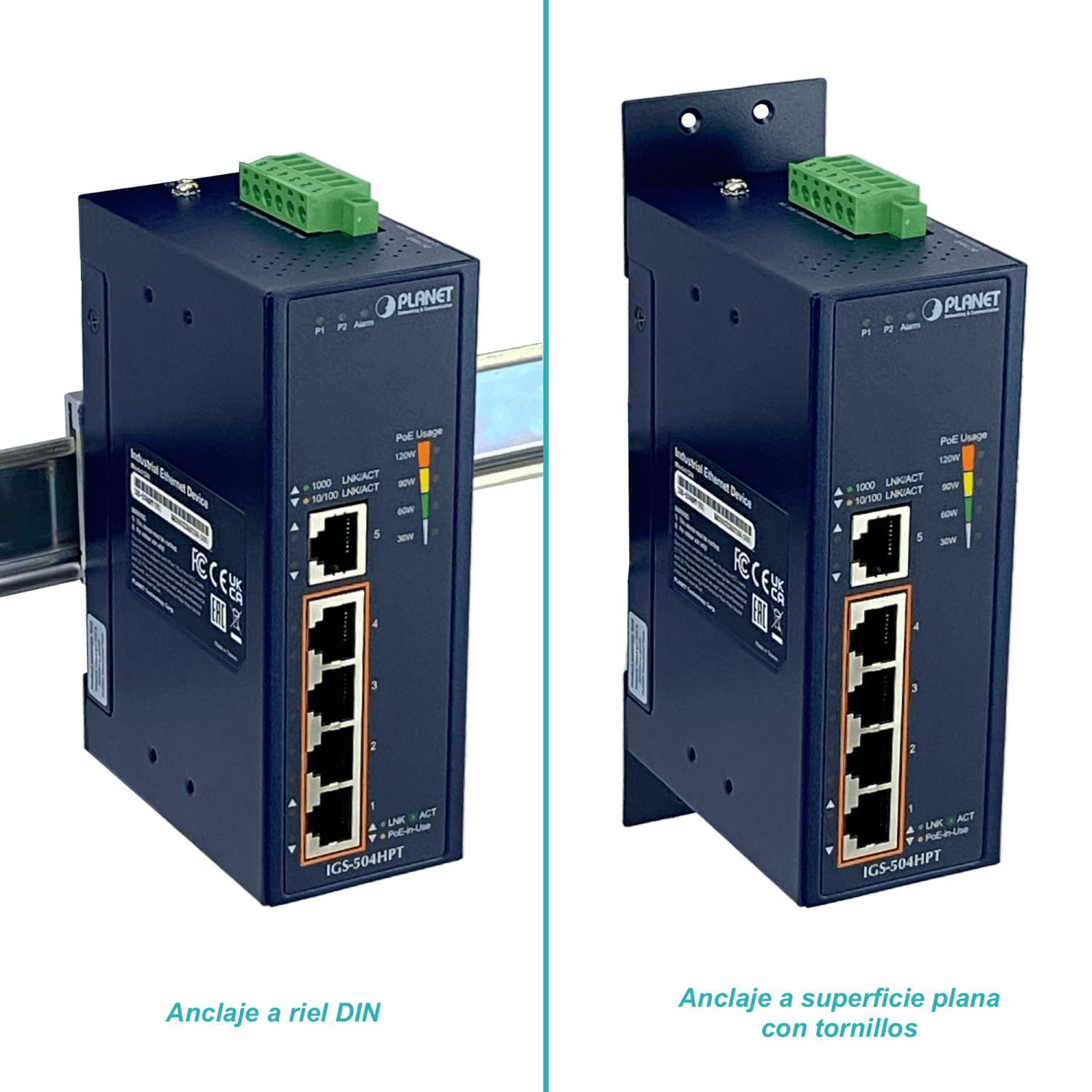 PLANET Switch 5-1000 4-PoE+120W-tot RielDIN industrial 50mm req/12-56V - Imagen 2