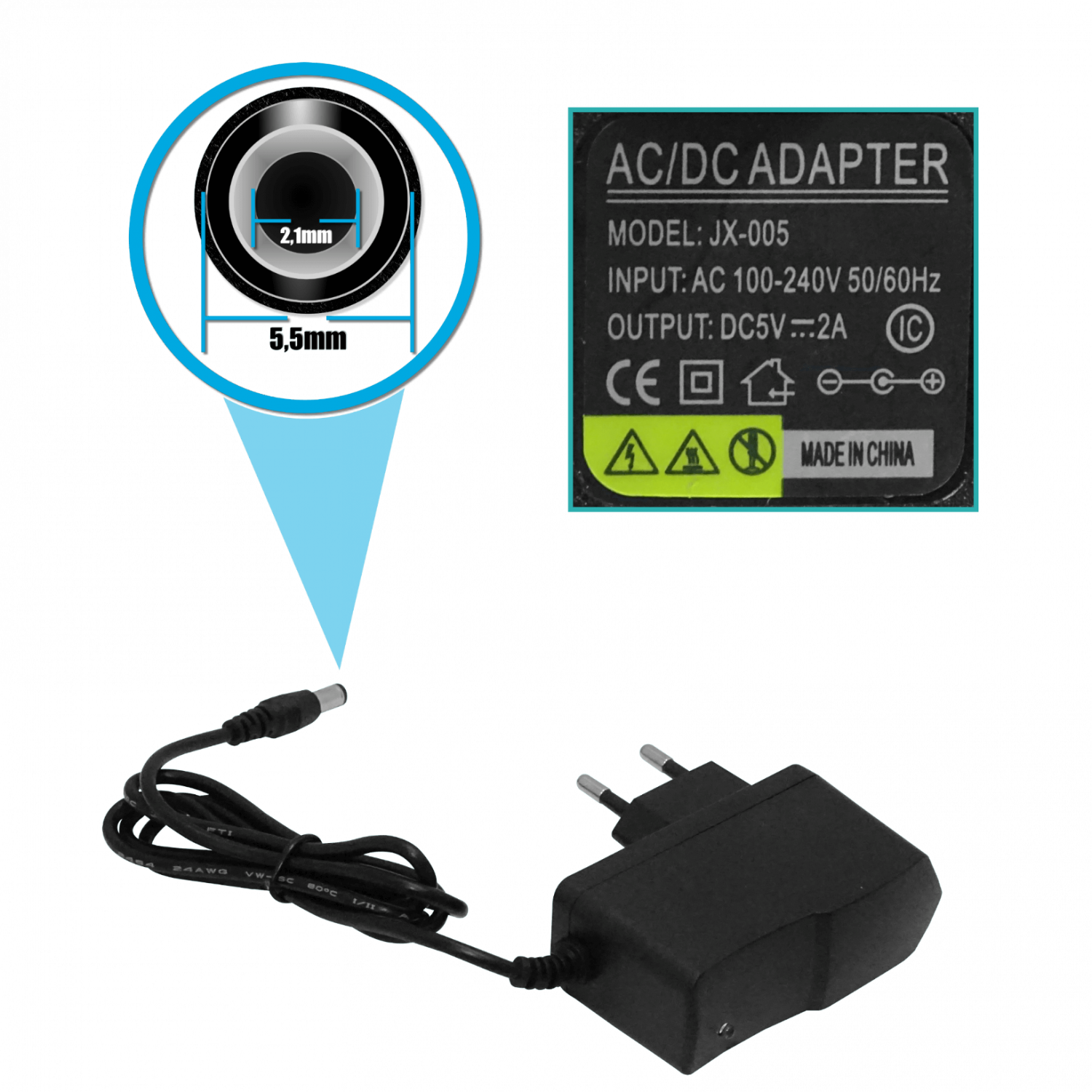 5V 2A Plug-5,5x2,1mm 100-240VAC Transformador Fuente Poder 2.1x5.5mm