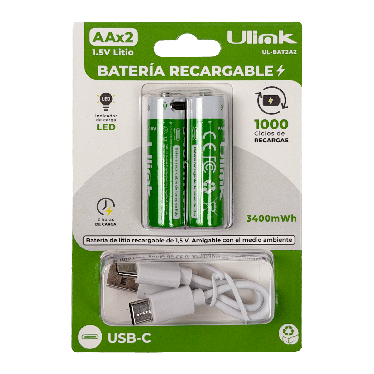 ULINK AA 2-Pilas 3400Wh Recargable USB-C 1,5V Li-ion Litio inc-Cable - Imagen 4