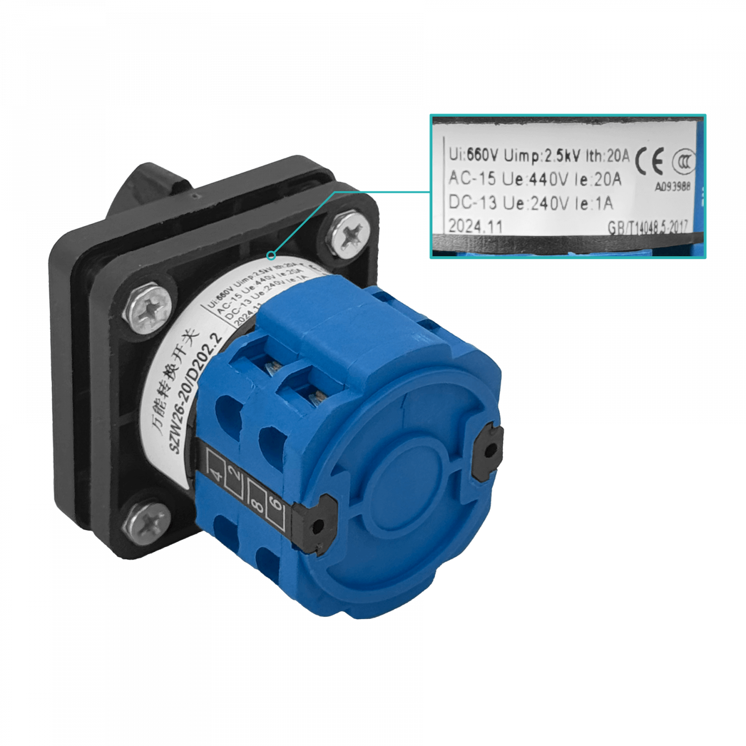 Conmutador 2-Fases 1-0-2 20A 680V 3-pos Interruptor 50x50mm H-73mm - Imagen 3